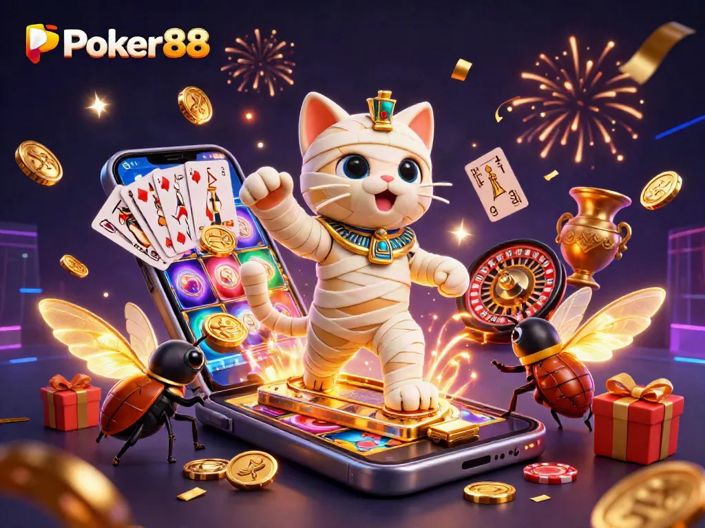 Engage with Poker88's thrilling gaming experience featuring an Egyptian mummy cat and golden elements.