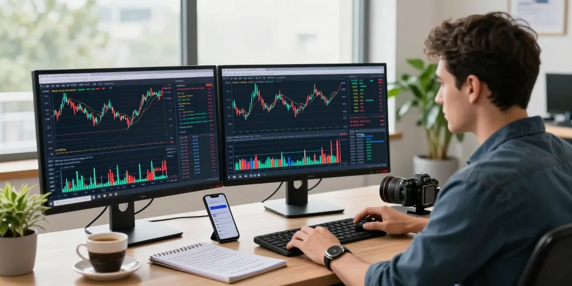 Trader using mt5 with multiple monitors displaying charts and technical analysis in a modern office setting.