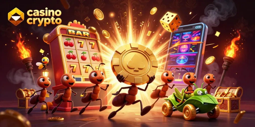 Gioca a casino crypto con un gruppo di formiche che trasportano un chip d'oro mentre esplorano un tunnel ricco di sorprese.