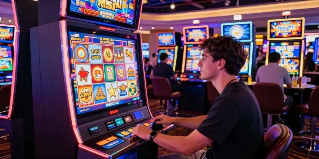 Player engaging with slot machine in a lively casino, showcasing excitement and potential wins.