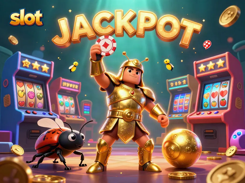 Engage with thrilling slot gameplay as a heroic beetle lifts a poker chip triumphantly amidst vibrant casino elements.
