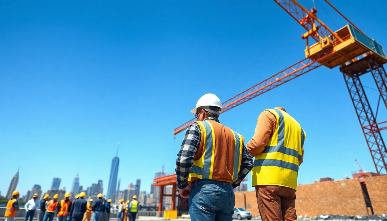 New York General Contractor managing a construction site with a skyline backdrop and diverse workers.
