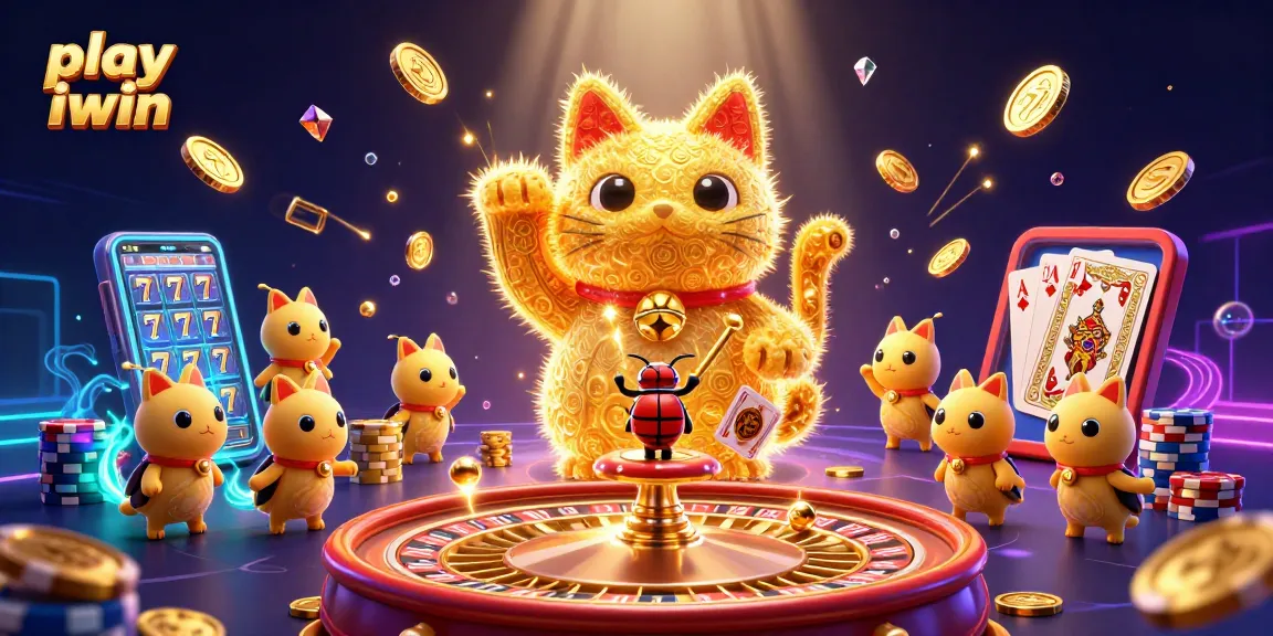 Play iwin to enjoy a vibrant scene with a lucky cat and casino symbols.