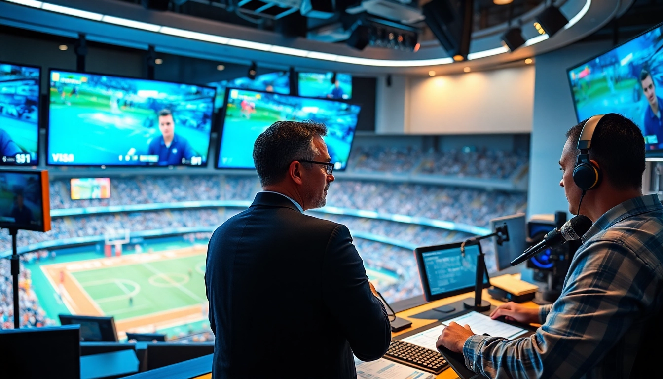 Engaging sports broadcasting scene showcasing analysts and vibrant technology.