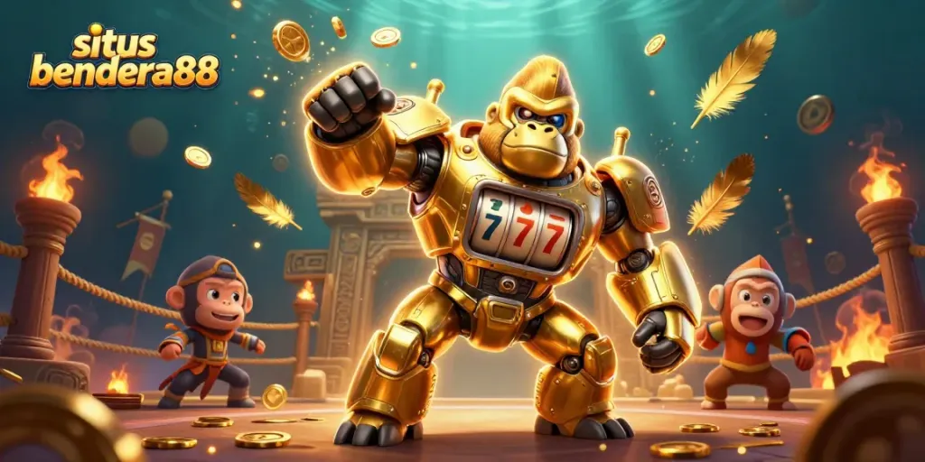 Melihat situs bendera88 dengan gorila emas robot dan slot mesin yang mengeluarkan koin.