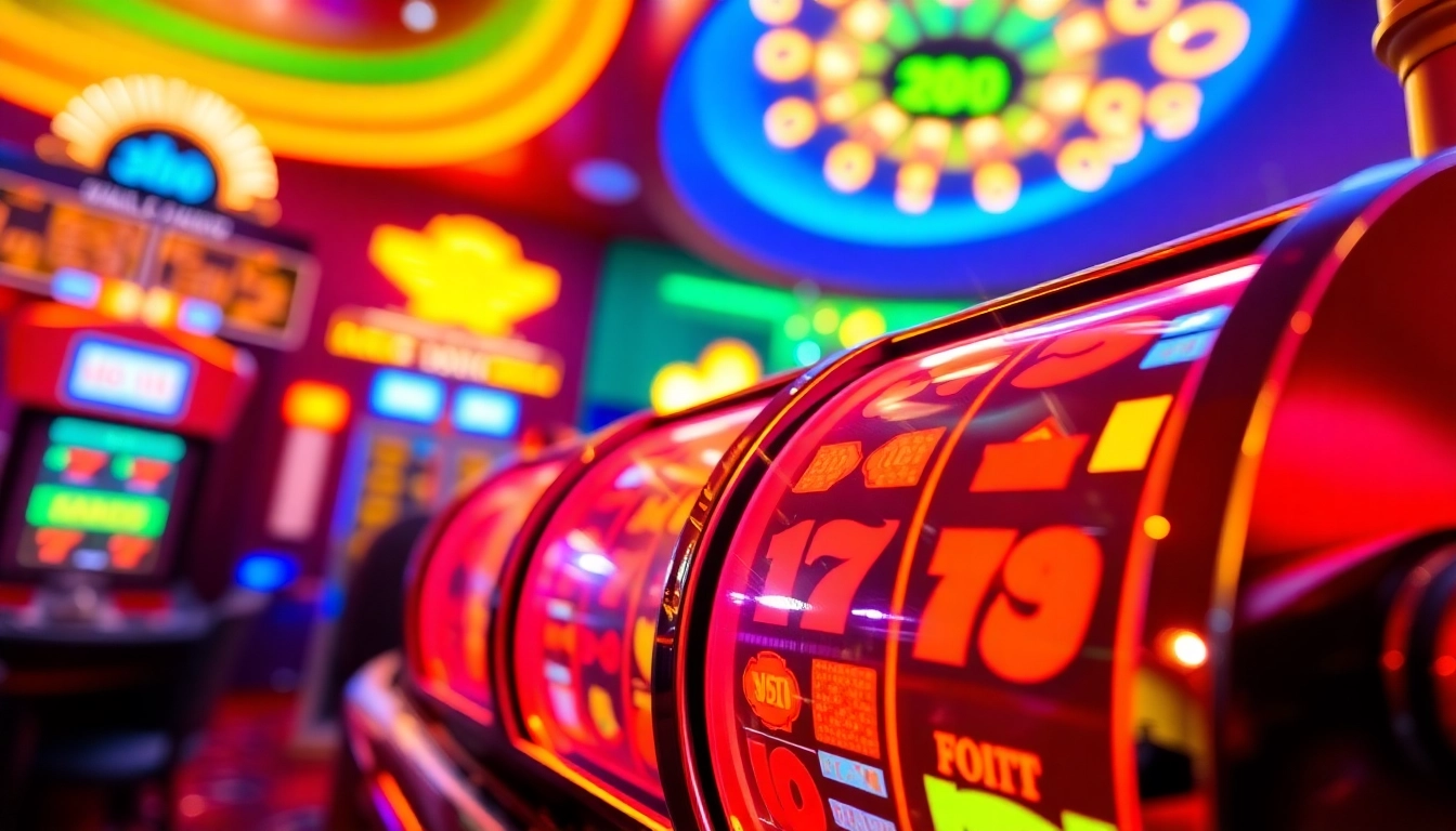 Mainkan bro138 slot dengan suasana kasino yang cerah dan penuh warna.