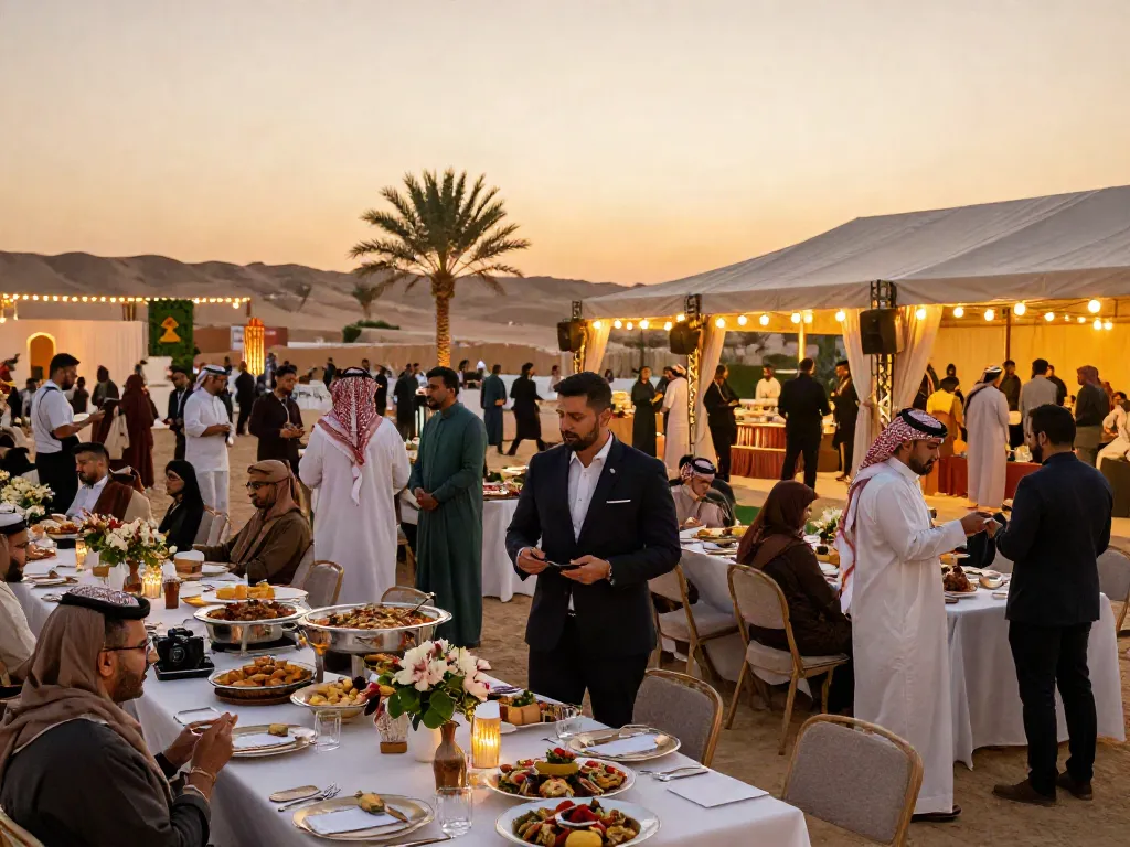 Event rental KSA scene showcasing outdoor gatherings with elegant setups and sunset ambiance.