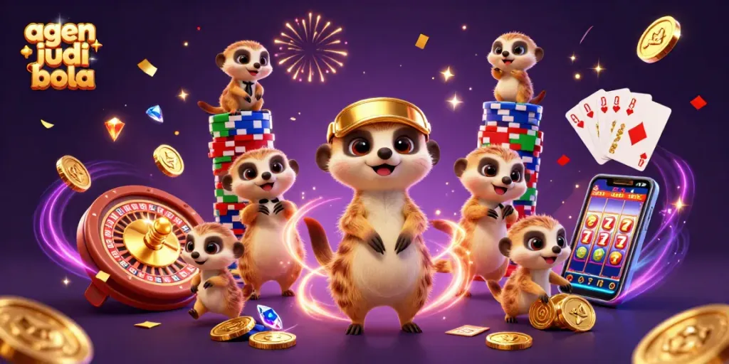 Experience agen judi bola excitement with meerkats and casino elements in a vibrant 3D illustration.