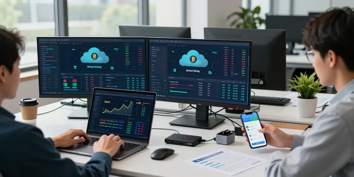 Safe cloud mining service monitoring in professional crypto workspace with digital wallets, DeFi dashboard, and mining performance metrics displayed.