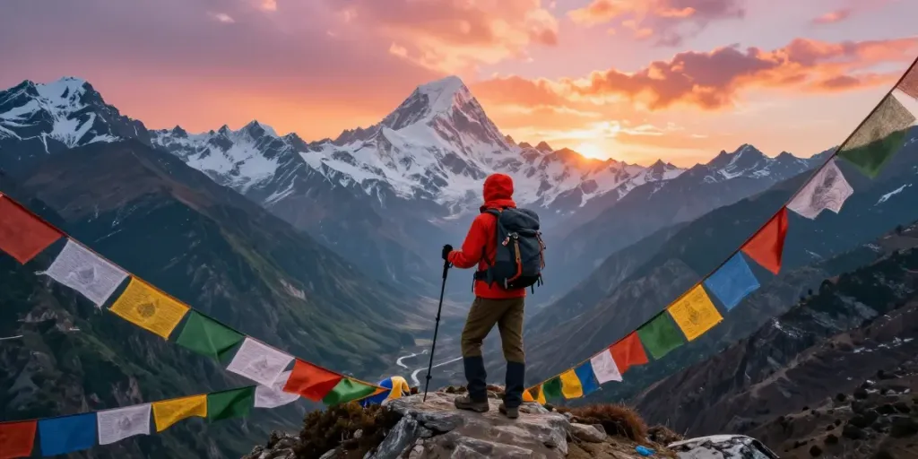 Manaslu Circuit Trek traveler at sunrise with snow-capped mountains and vibrant prayer flags.