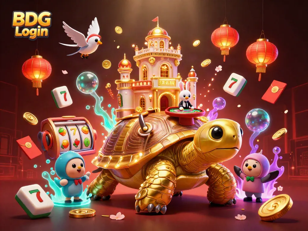BDG Login with a giant tortoise casino scene showcasing vibrant games and lucky symbols.