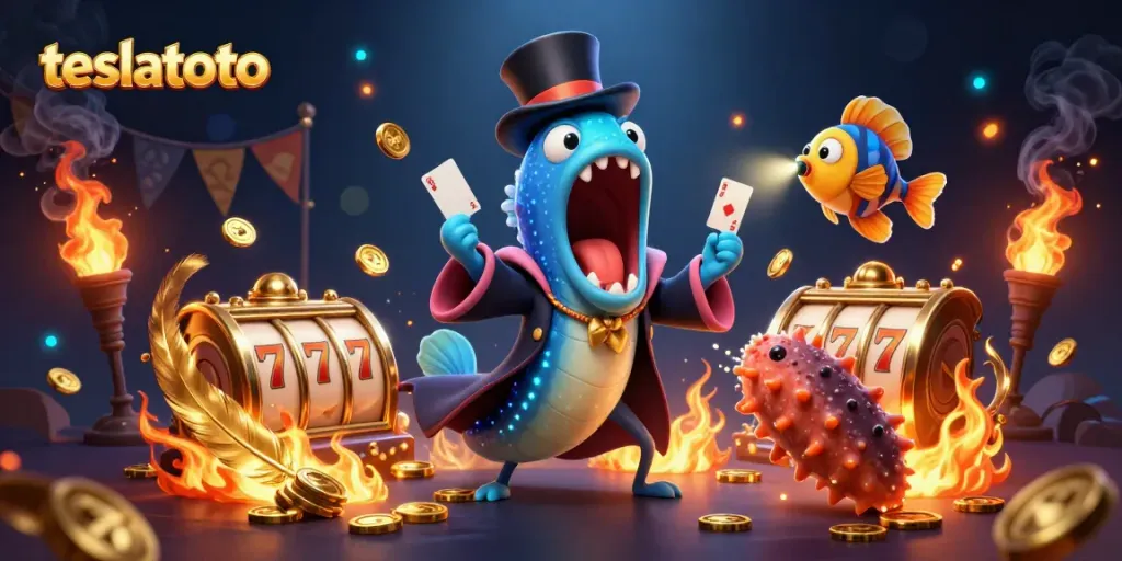 Engaging teslatoto scene showcasing a magician eel, spotlight anglerfish, and magic cucumber amid thrilling casino elements.