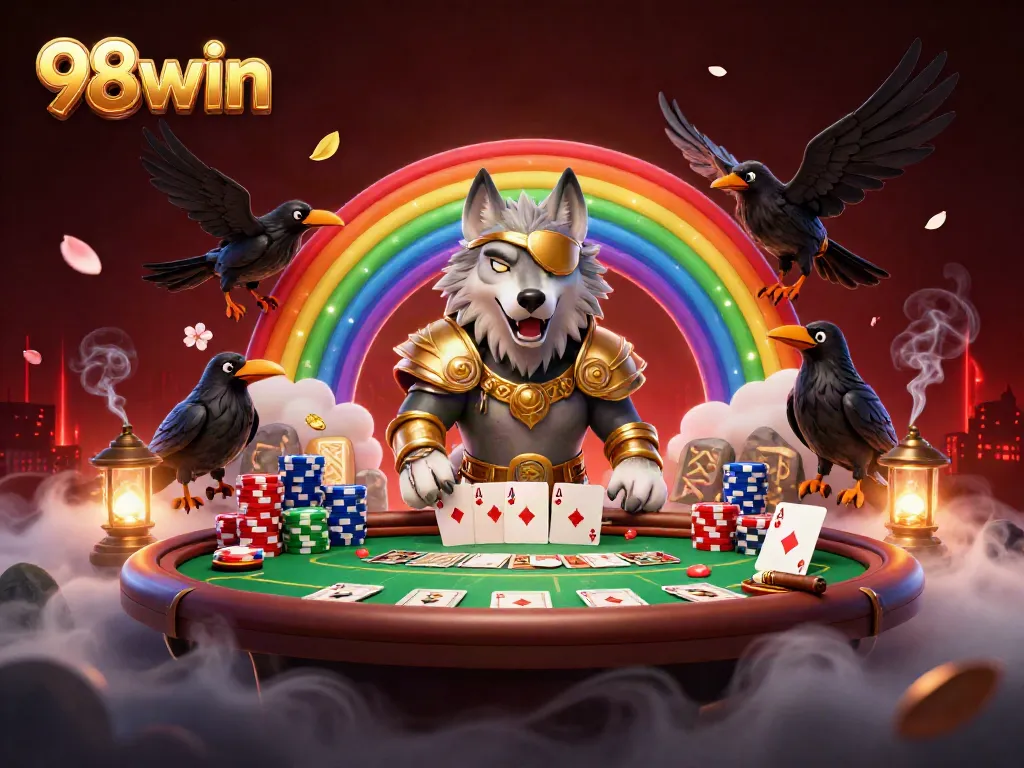 Engage with 98win's vibrant casino world, featuring mythological characters and dynamic poker elements.