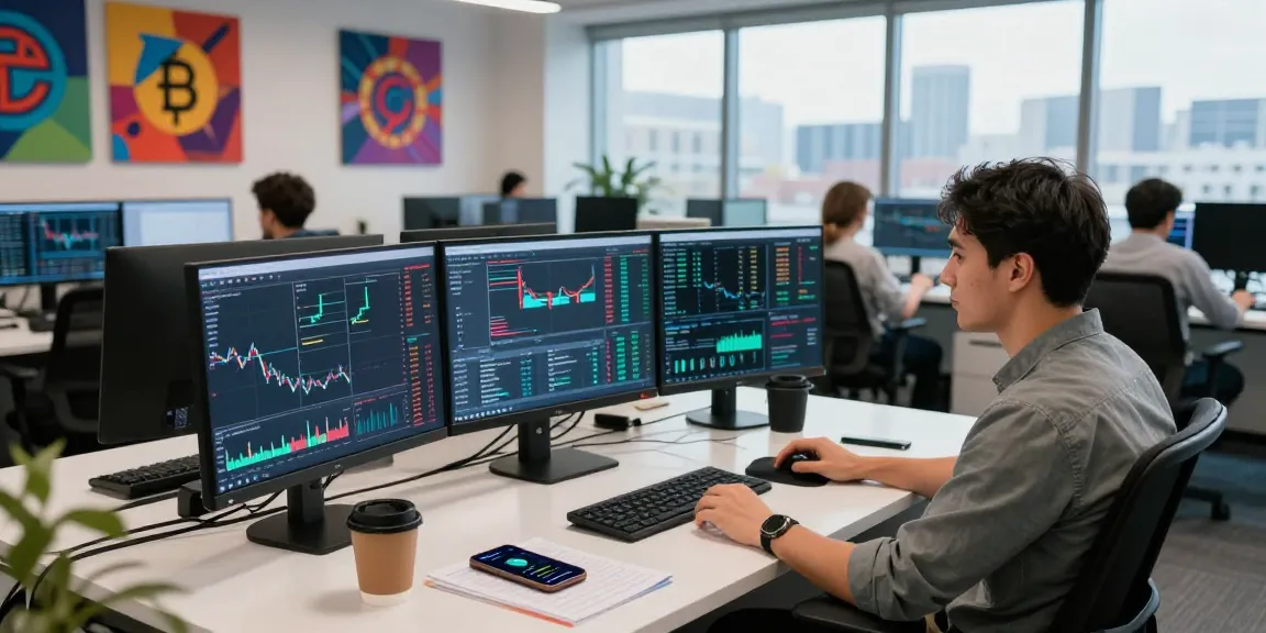 Real-time crypto price tracker display on multiple monitors in a modern trading office.