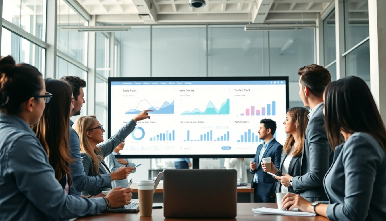 Engaging sales enablement content tracking with professionals analyzing data metrics in a modern office.