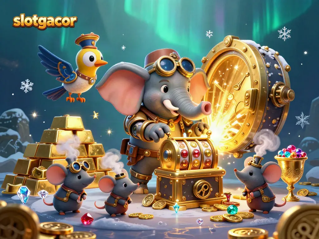 Experience thrilling slotgacor action with colorful gems and steampunk characters in an enchanting scene.