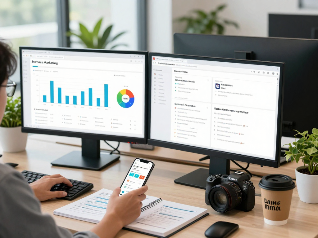Buy app installs through expert analysis in a modern workspace with app metrics on screens.