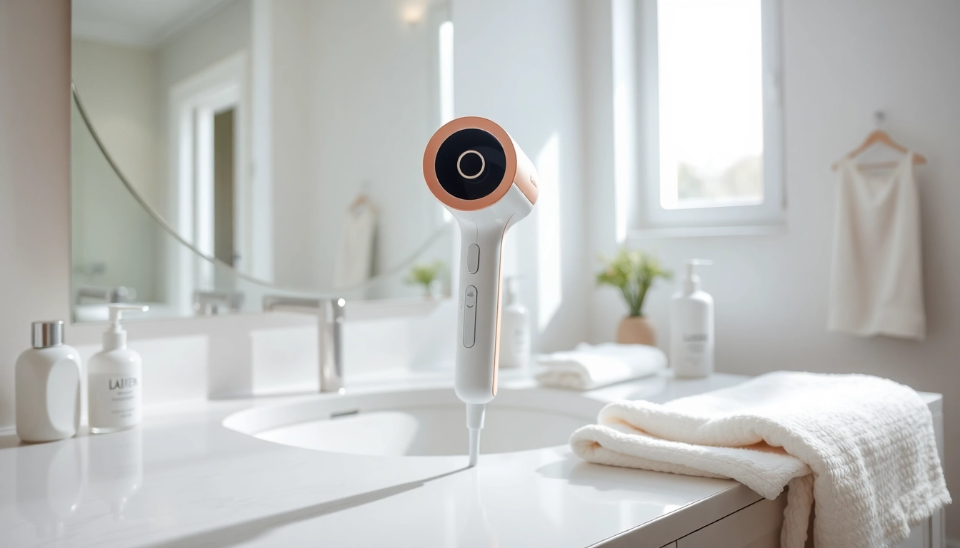 Efficiently styling with laifen se lite hair dryer in a bright, modern bathroom setup.