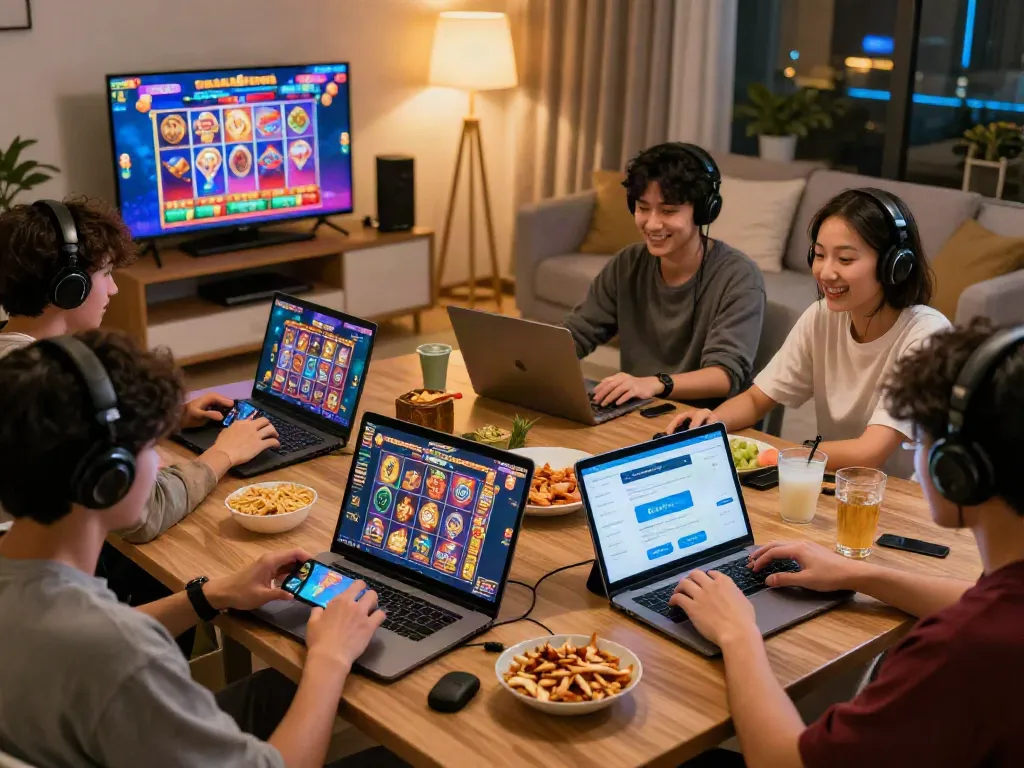 Exciting gaming moment with players engaging in slot games using DANA e-wallet for deposits.