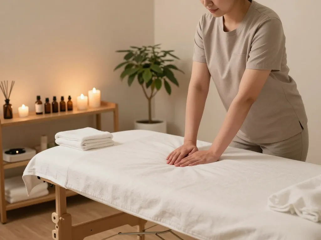 Relaxing spa room setting for 논현동마사지 with essential oils and calming atmosphere.