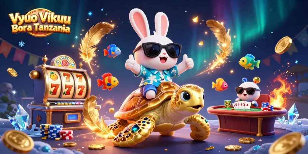 Spin to win with Vyuo Vikuu Bora Tanzania as a lucky rabbit and golden turtle celebrate gambling adventure.