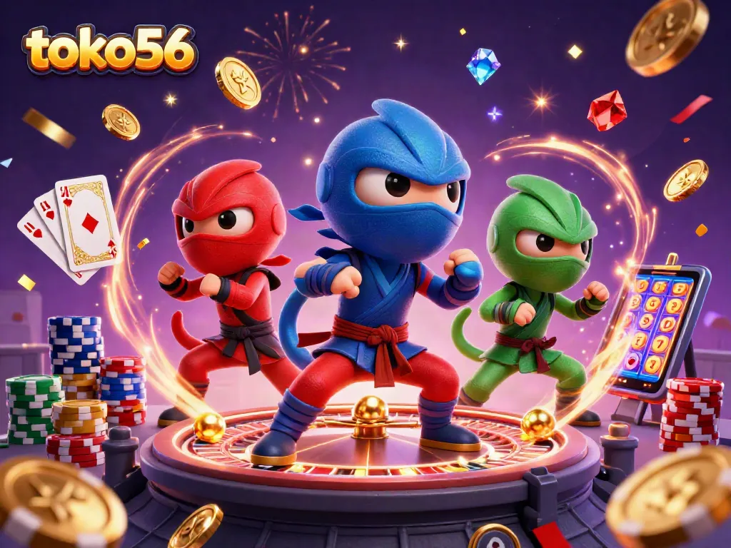Menangkan jackpot di toko56 dengan chameleon ninja yang memperlihatkan aksi seni bela diri, dikelilingi koin emas.
