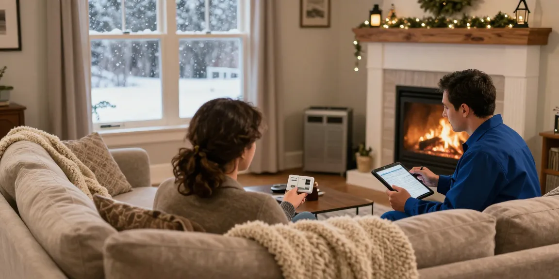 Homeowner discussing furnace repair Stevens Point with technician in warm living room.