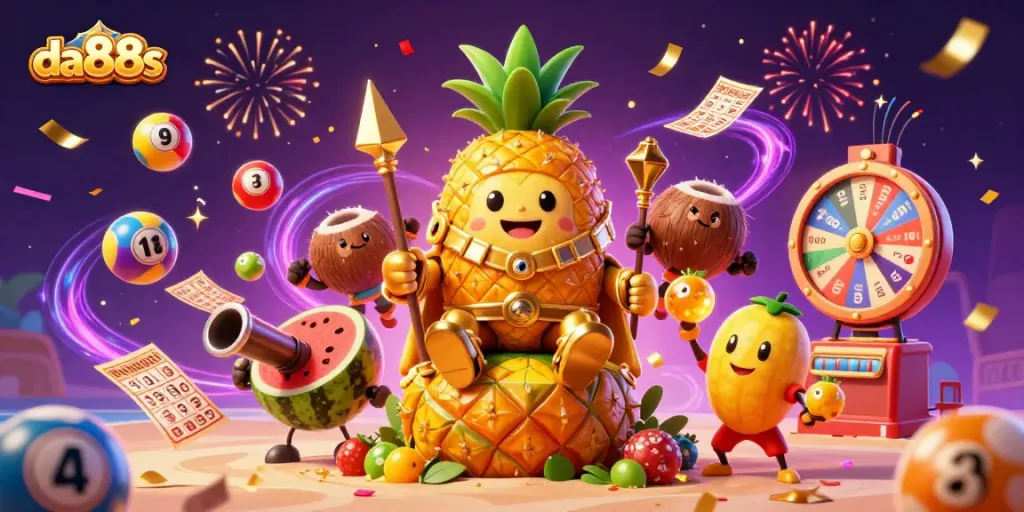 Win big with da88s at its lively beach casino, featuring a golden pineapple king and dynamic gaming elements.
