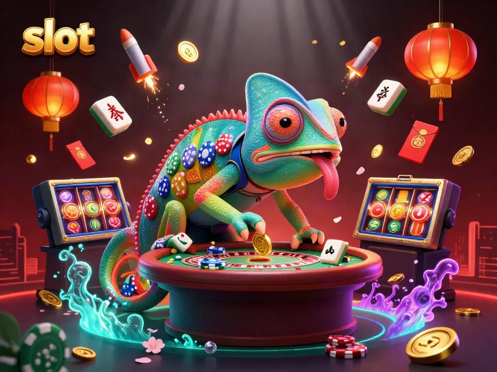 Engage with slot gaming as a colorful chameleon owner watches mahjong tiles, coins, and festive decorations.
