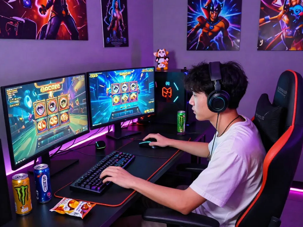 Engaged gamer playing slot gacor online in a dynamic gaming setup with vibrant lighting