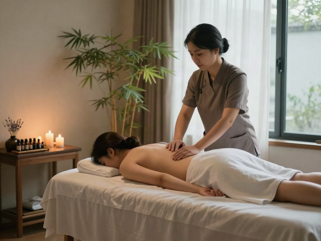 A tranquil spa therapy scene featuring a professional giving 화성출장마사지 in a soothing atmosphere with candles and essential oils.