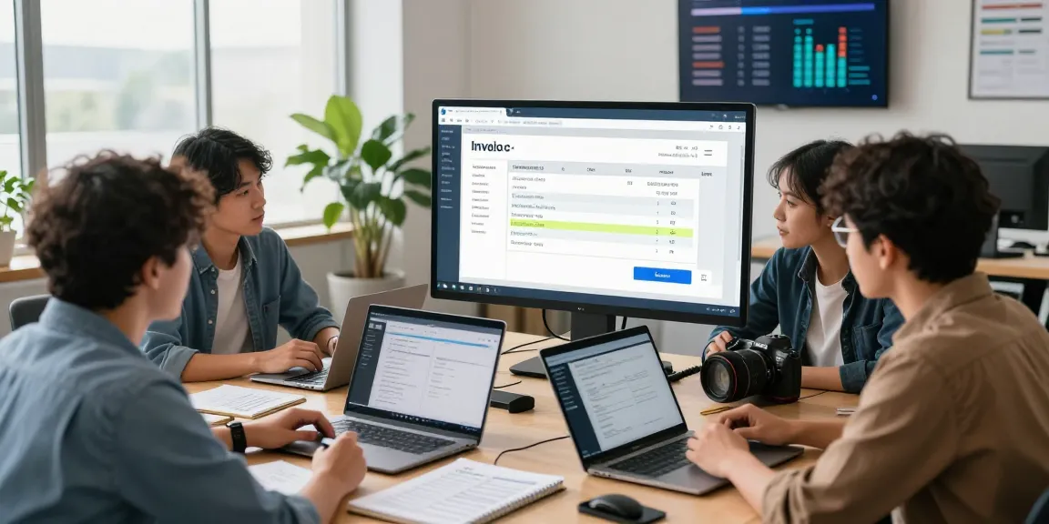 Detect fraud invoice with AI verification team analyzing digital documents in modern office setting.