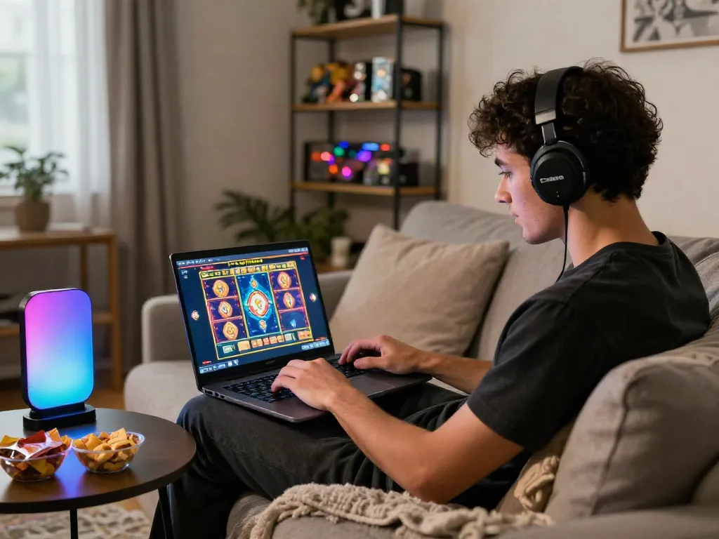 Enthusiast engaging with online slot games, vibrant visuals on laptop