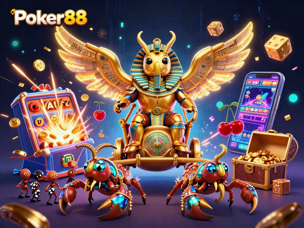 Engage in thrilling play on Poker88, surrounded by vibrant scenes of jackpot excitement and casino action.