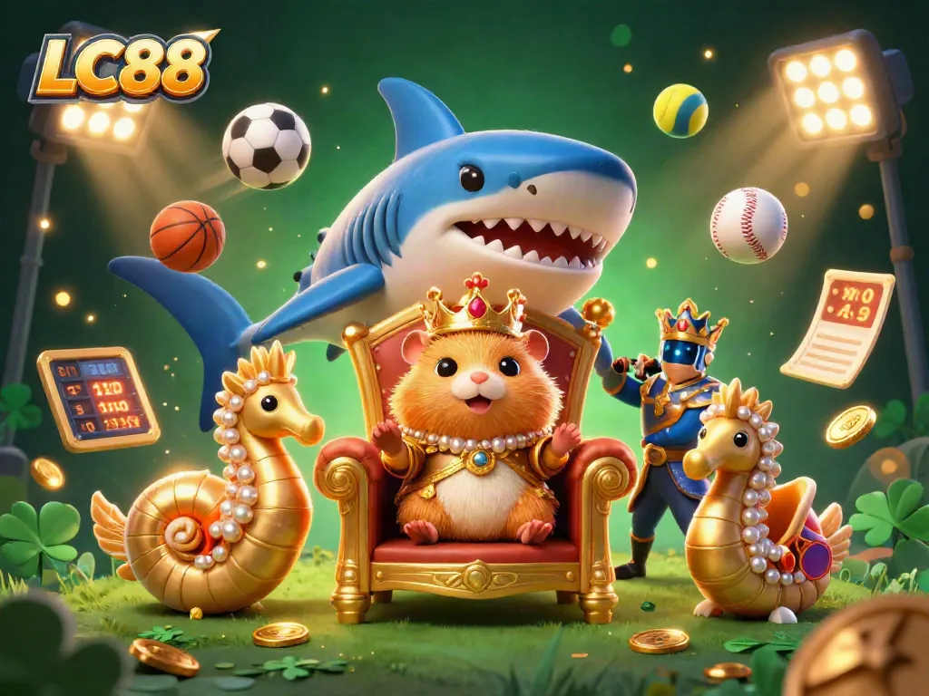 Join the thrilling action at LC88 with a spectacular golden hamster king and vibrant gambling elements.