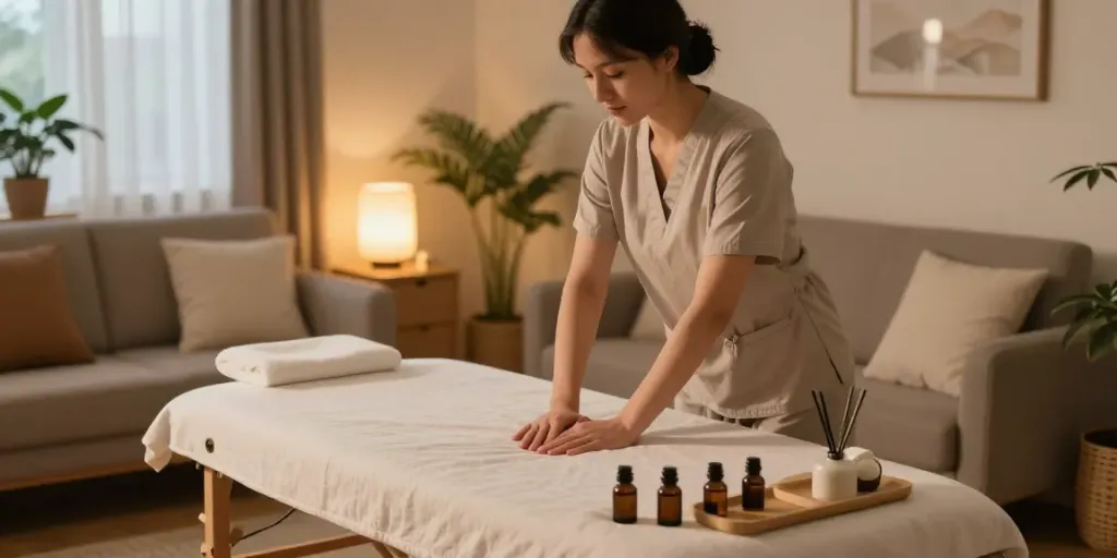 영등포출장마사지 준비 중인 전문 마사지사와 아늑한 실내 환경