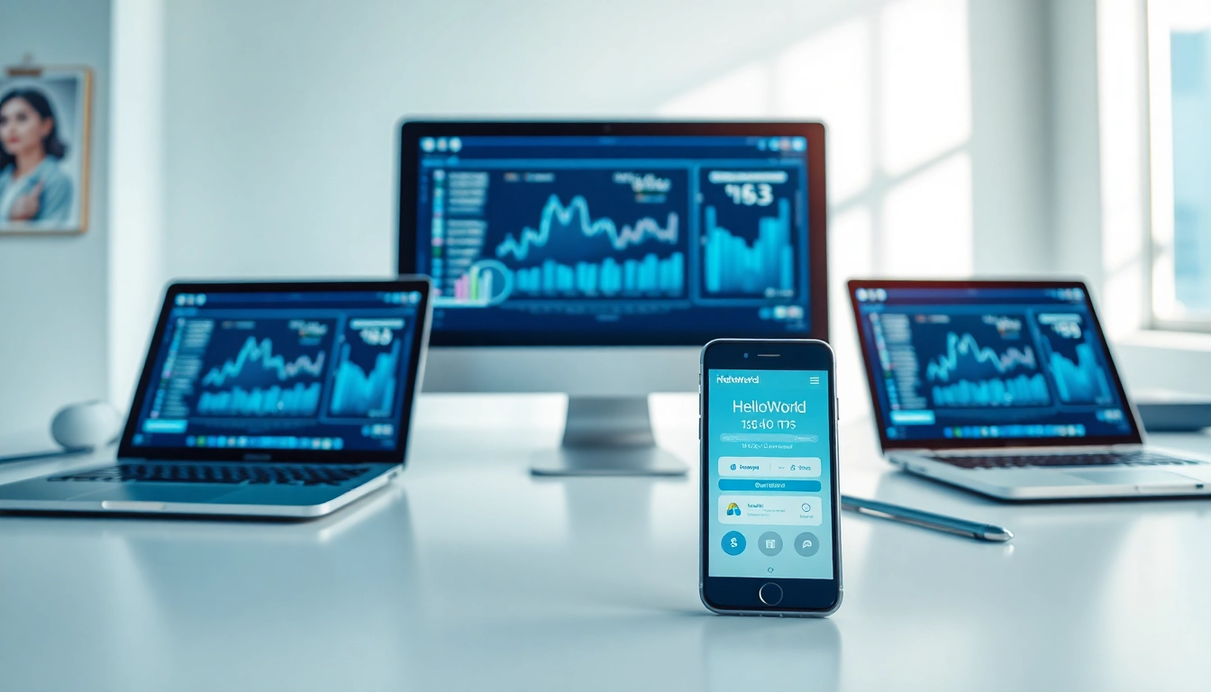 HelloWorld software interface displayed on a laptop and smartphone, illustrating seamless connectivity.