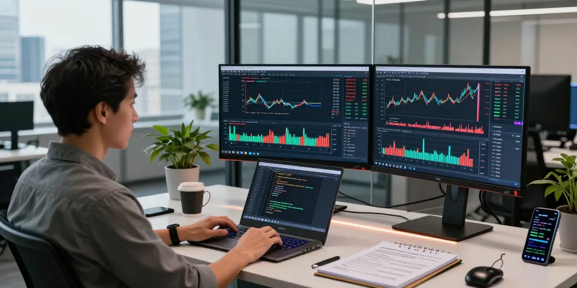 US stock backtesting data API showcased in a developer's workspace with live data analytics and trading algorithms.