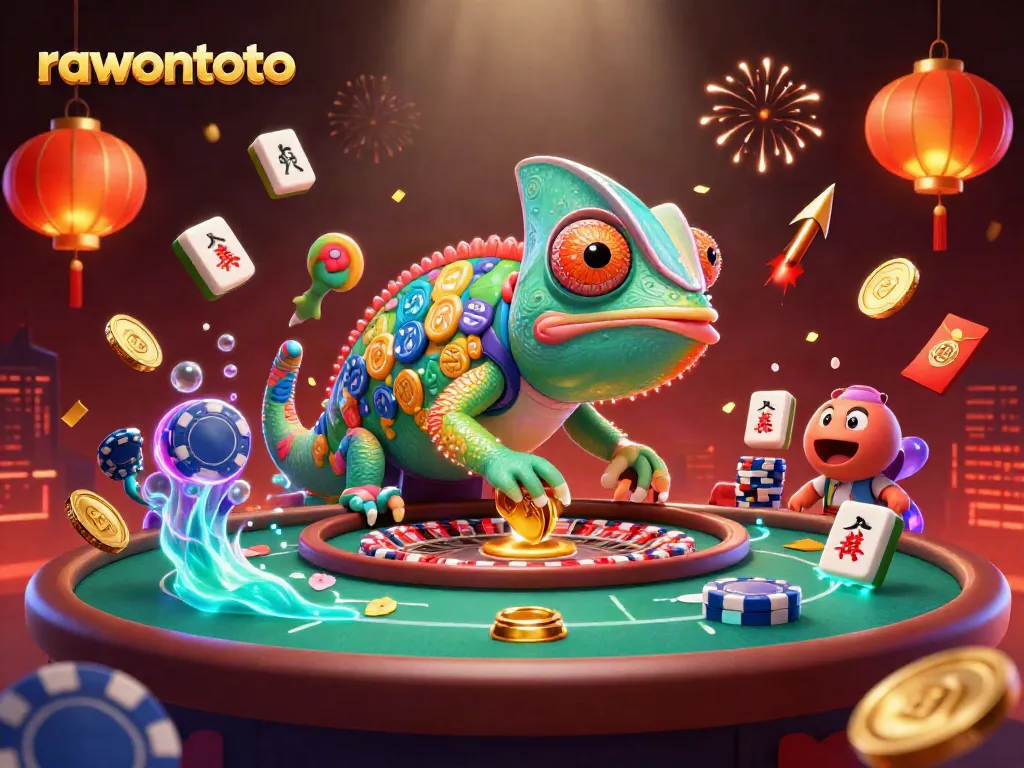 Rawontoto mengasyikkan penampilan kasino 3D penuh warna dengan chameleon besar dan elemen permainan.
