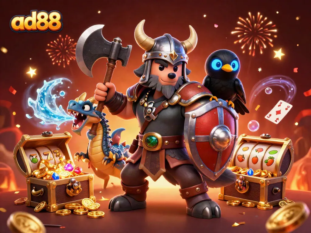 Win big at ad88 with a Viking wolf warrior, dragon, and treasure-filled scene.