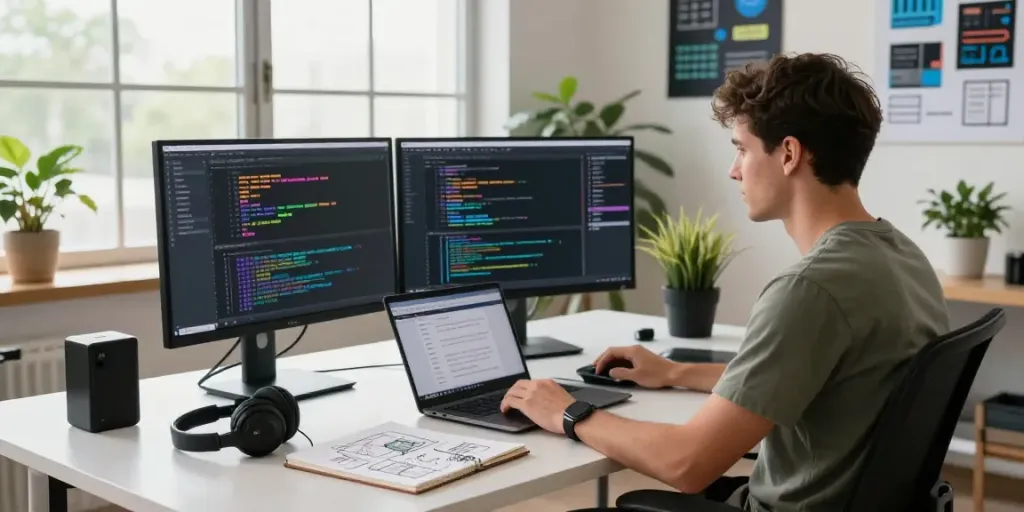 Workspace pengembang perangkat lunak modern dengan hypervisor yang aktif dan latar belakang teknis.