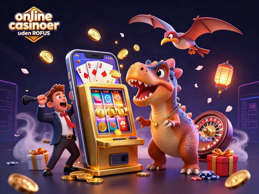 Play exciting games at online casinoer uden ROFUS with a magical scene featuring dinosaurs, coins, and vibrant gaming elements.