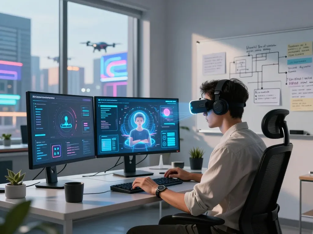 AI sex technology digital workspace with innovative VR interface and user feedback elements.
