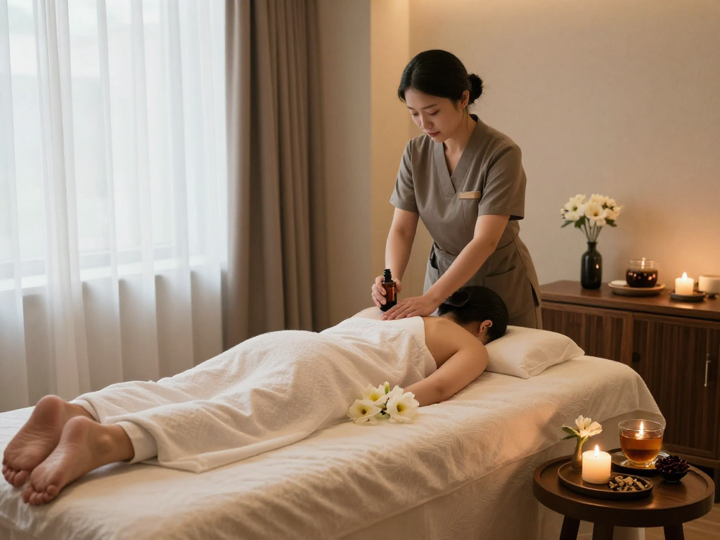 A tranquil spa room scene with a therapist preparing mantra88 aromatherapy oil for a private massage session.