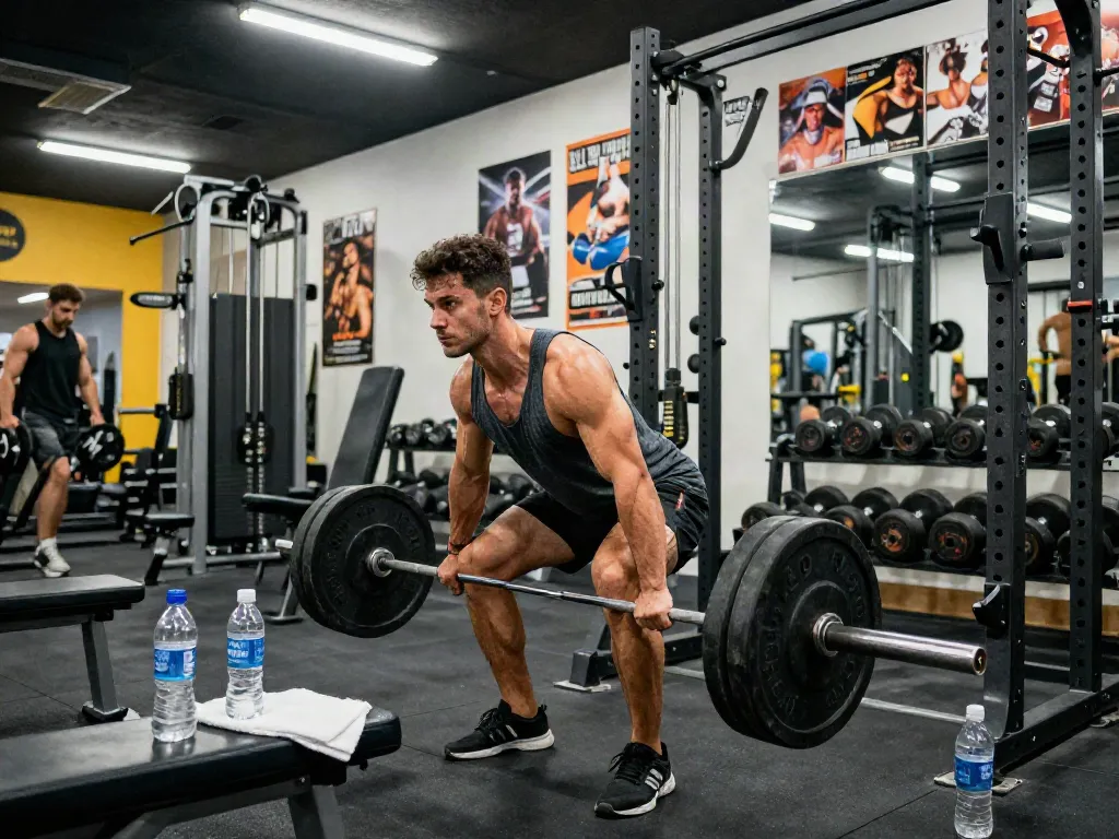 Man lifting weights in a gym, focused on muscle gain for comprare steroidi muscoli in italia, showcasing dedication.