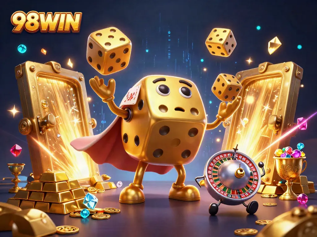 Experience the excitement of 98WIN with a vibrant 3D casino scene featuring golden dice and jewels.