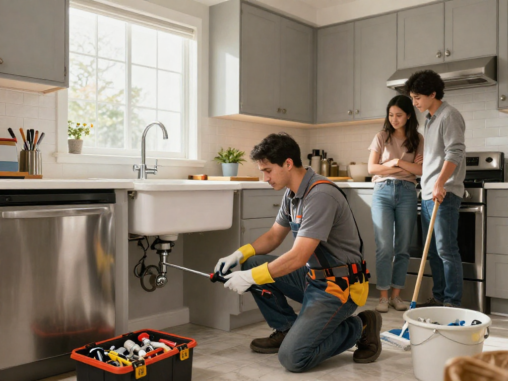 Expert drain cleaning Fort Worth service in a modern kitchen, plumber fixing a clogged sink.
