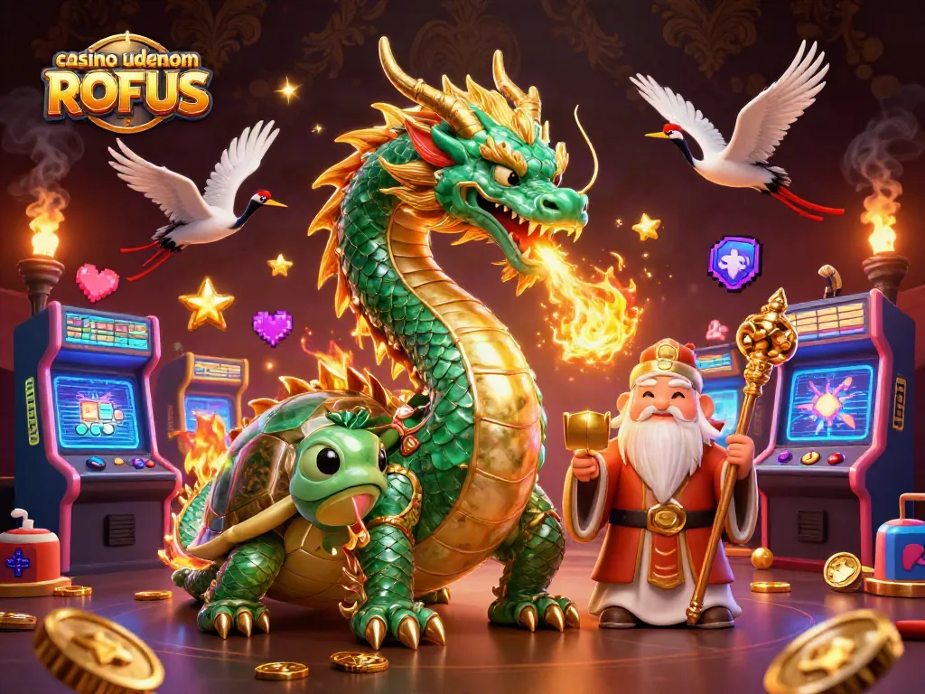 Play and win at casino uden om ROFUS with the dragon and turtle sage in a vibrant 3D world.