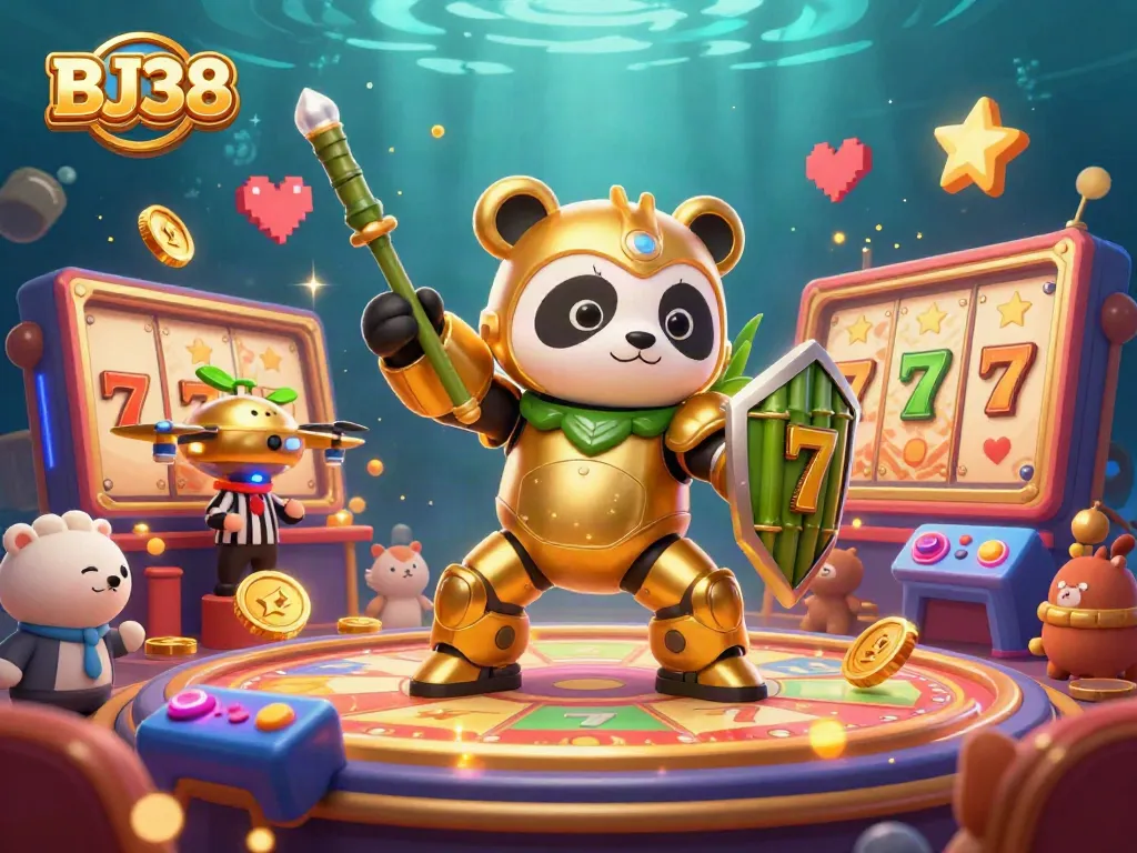 BJ38 engages players with dynamic slot reels and colorful casino elements in a vibrant gaming arena.