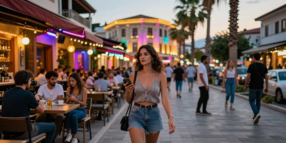 Antalya Ucuz Escort enjoying a vibrant night out, surrounded by lively cafes and neon lights.